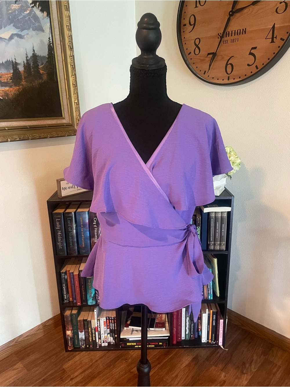 Impressions Lavender Wrap Peplum Blouse with Side Tie